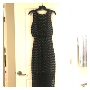 Maxi dress black lace with nude mini under lining